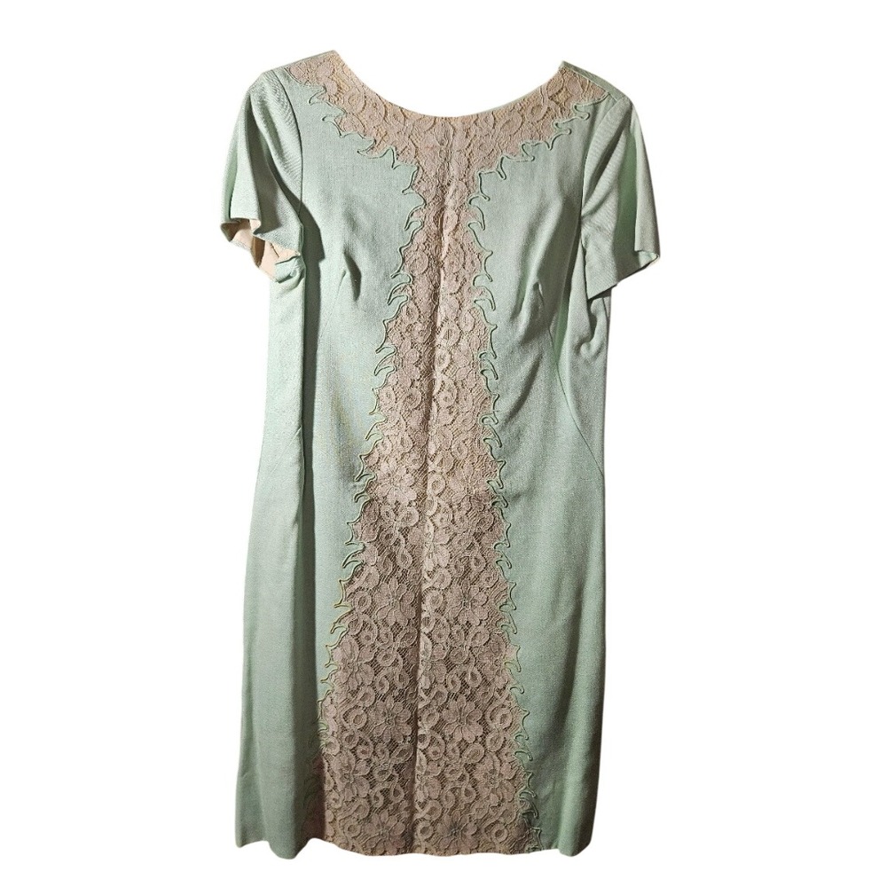 Vintage Henry Lee Mint Green Lace Panel Shift Dress Short Sleeve Size 14 Retro